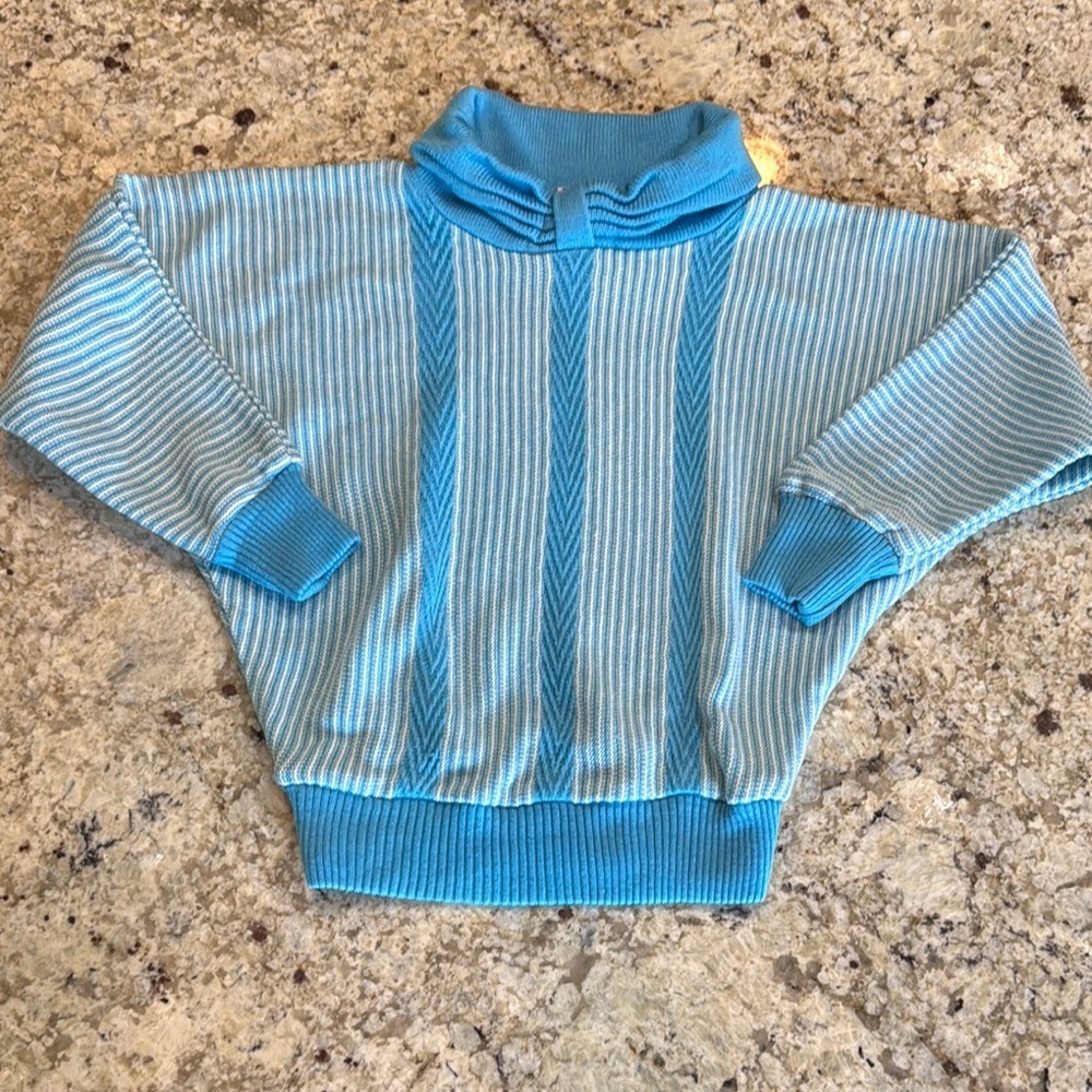 REGENCY FASHIONS Vintage Knit Top Mock Neck Blue White Retro 70s 80s